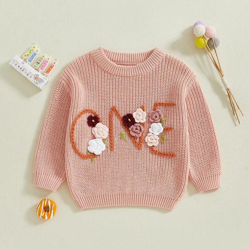 

Toddler Infant Baby Girl Birthday Sweater Floral Letter Embroidery Long Sleeve Round Neck Knitwear Pullover Tops