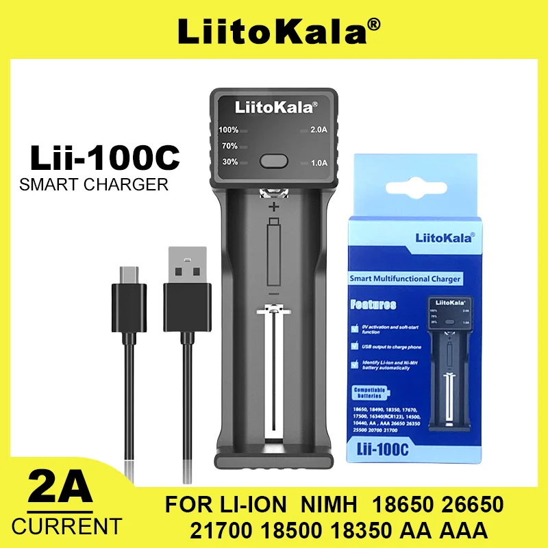 LiitoKala 100C D4XL 21700 Rechargeable Battery Charger For 3.7V 18650 18350 26650 1.2V AA AAA Ni-MH C 2A Fast Charge USB Output