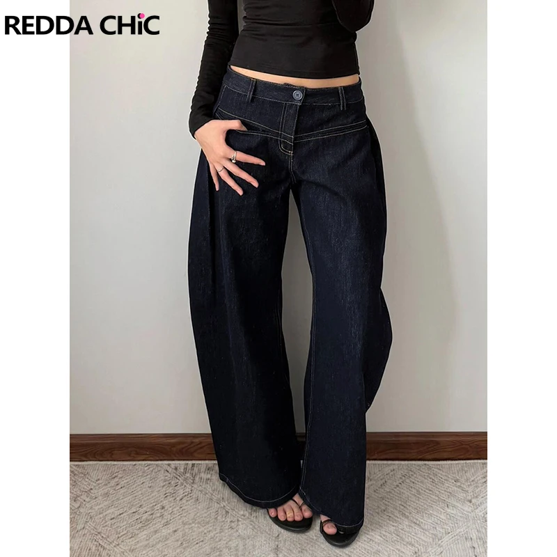 

ReddaChic темно-синие джинсы-бойфренды, однотонные винтажные потертые брюки Cleanfit с низкой посадкой, широкие повседневные брюки, женские брюки, уличная одежда