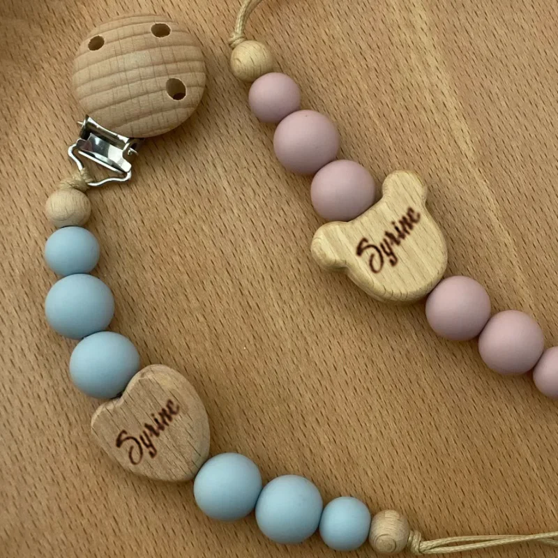 Custom Baby Name Pacifier Clip Holder with Wooden Clip Fabric Pacifier Clip for Baby Shower Gift