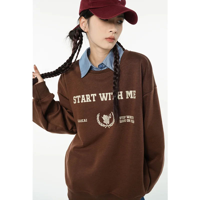 

Women Brown Sweatshirt Round Neck Letter Printing Fashion Hip Hop Leisure Loose Comfortable Winter Long Sleeve Pullover Tops