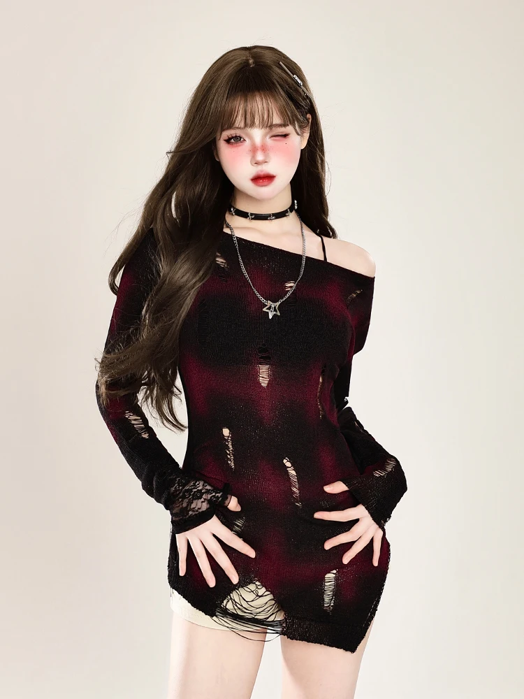 Design Sensation Tie Dye Hole Long Sleeve Knitted T Shirt Cover up Women Early Autumn Hot Girl Slim Fit Shoulder Exposure Sun...