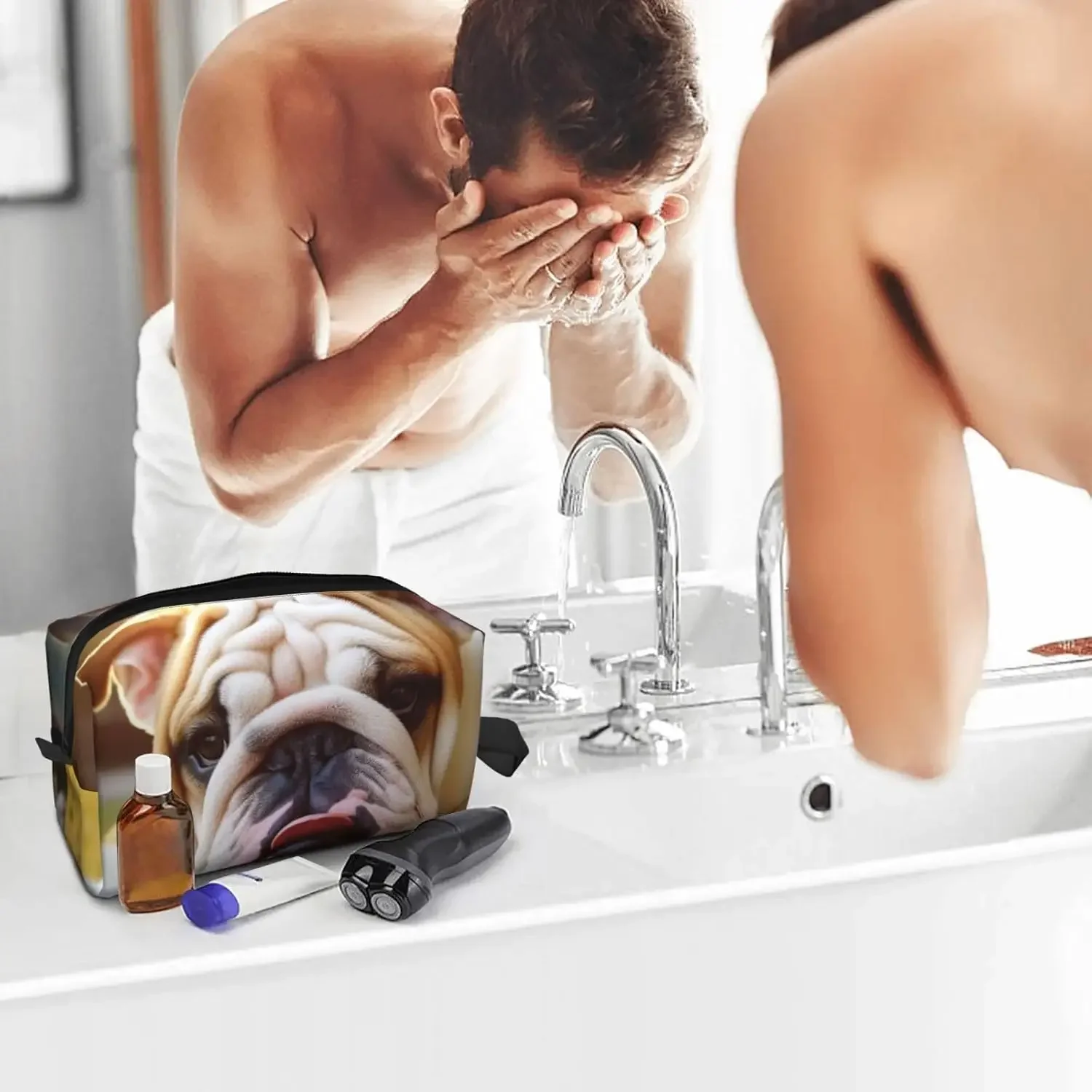 

Women Men Leather Makeup Bag Large Portable Travel Organizer Cute Bulldog Puppy Cosmetic Bag