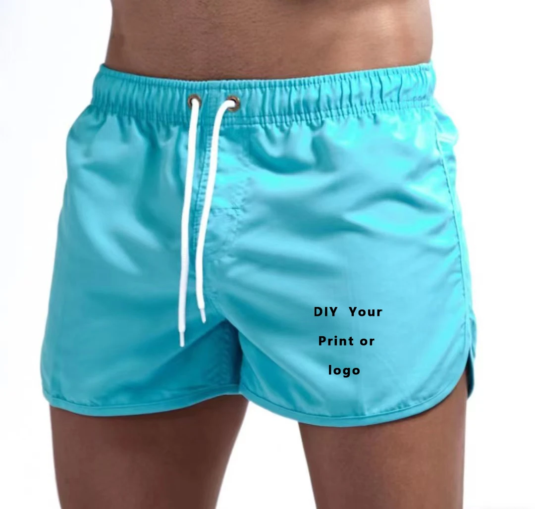 Custom Logo Men\'s Swim Trunks Beach Shorts Drawstring with Mesh Lining Elastic Waist Plain Breathable Soft Casual Shorts