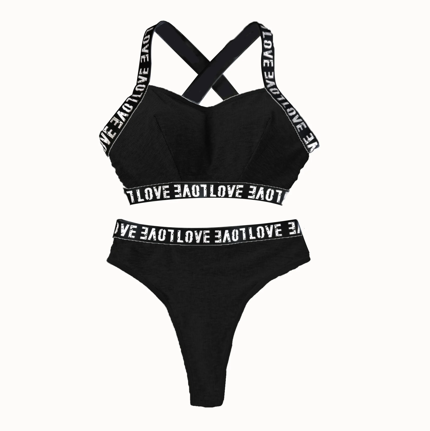 Women\'s Lingerie & Underwear,women rib fabric elastic bralette& Panties,sporty crop top and brazilian panties