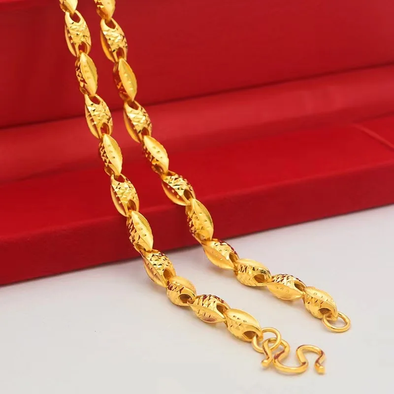 9999 24K Real Gold Necklace Men\'s Boutique Wheat Cart Flower Necklaces for Men Women Boys