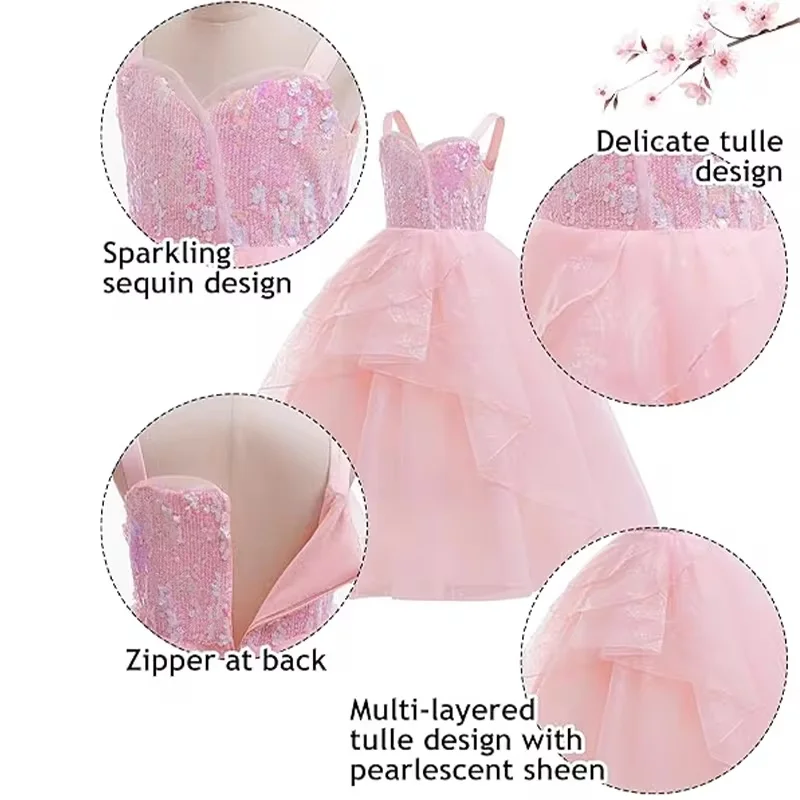

Halloween Pink Witch Cosplay Costume For Girls Party Dresses With Accessories Children Sequin Wedding Flower Girl Princess Dress