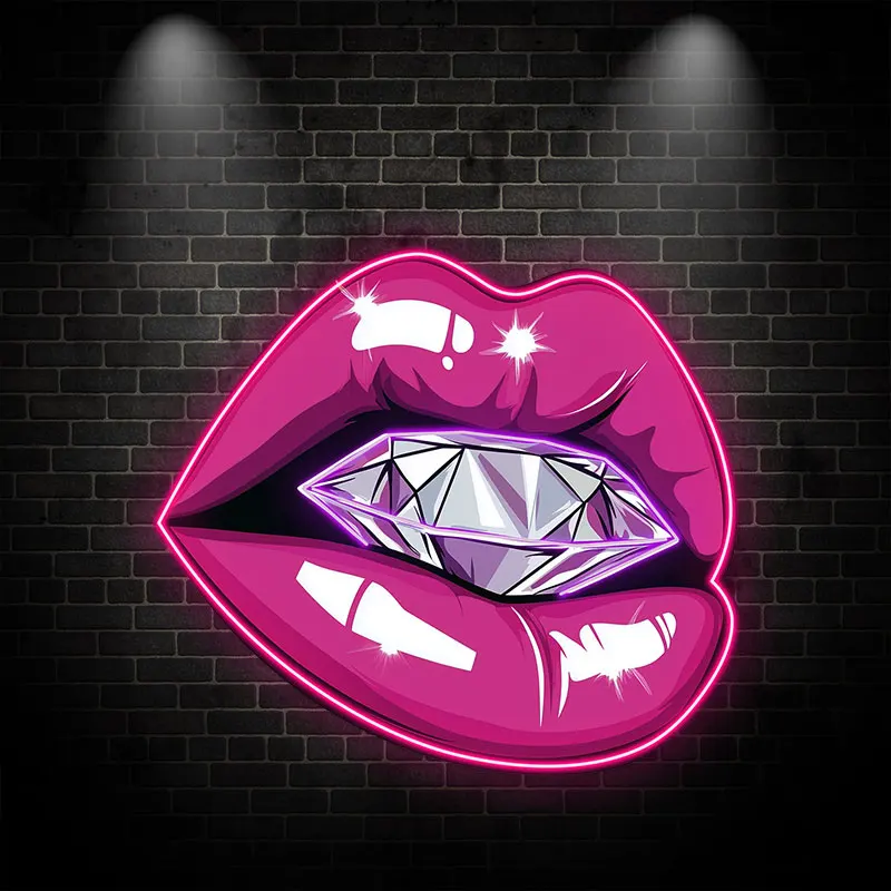 Rose Red Lips Holding Diamond Wall Decor LED Neon Sign