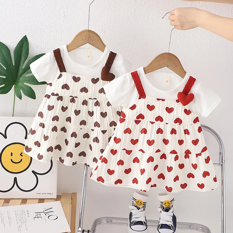 Baby Girl Dress Summer Woven Spliced Fake Two-Piece Heart-Shaped Printed Sweet Beauty Cute Infant Girl One-Piece Dress