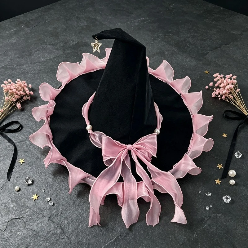 Sweet Lolita Ruffled Witch Hat Halloween Bead String Bow Long Ribbon Witch Hat Makeup Party Girl Dress Up Hair Accessories