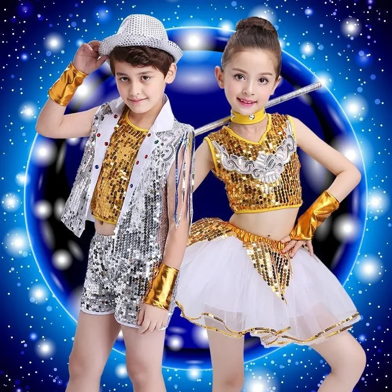 子供スパンコールヒップホップ衣装女の子ジャズタップダンストップス + パンツ少年子供ダンスステージ着用社交パーティーダンスウェア衣装
