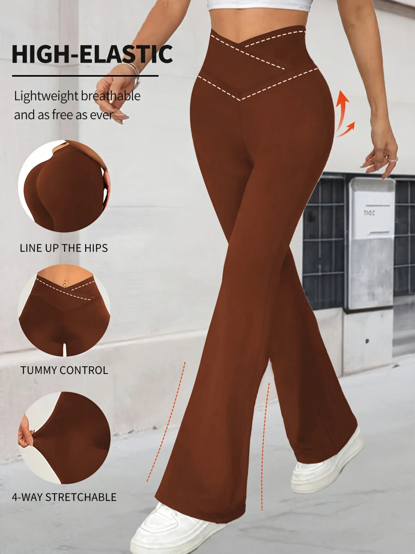 

A Spring Women's Brown Bell Bottom Pants With A Cross Waist Design, High Waist Elasticity, And Soft And Comfortable Fabric