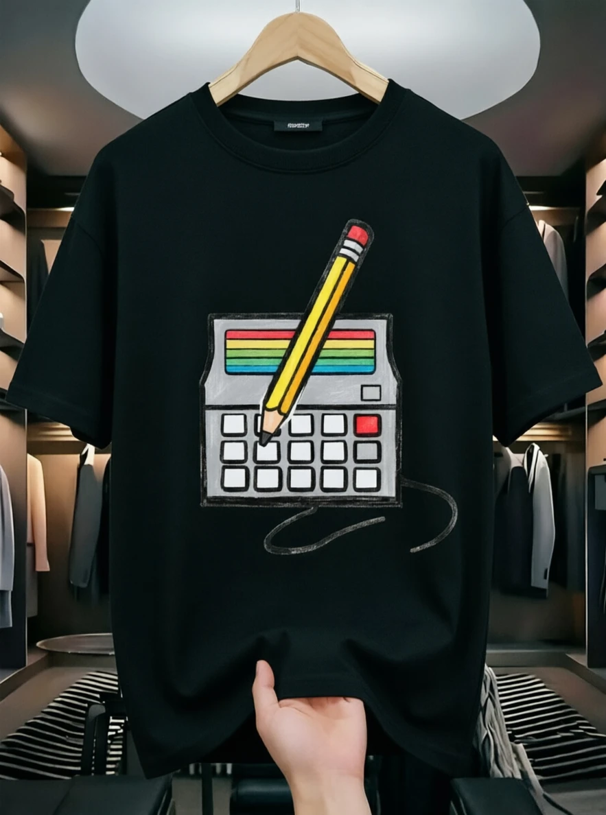 Retro Calculator with Pencil Print Men's T-shirt 90s Nostalgia Tech Graphic Cotton Short Sleeve Tee Casual Tops