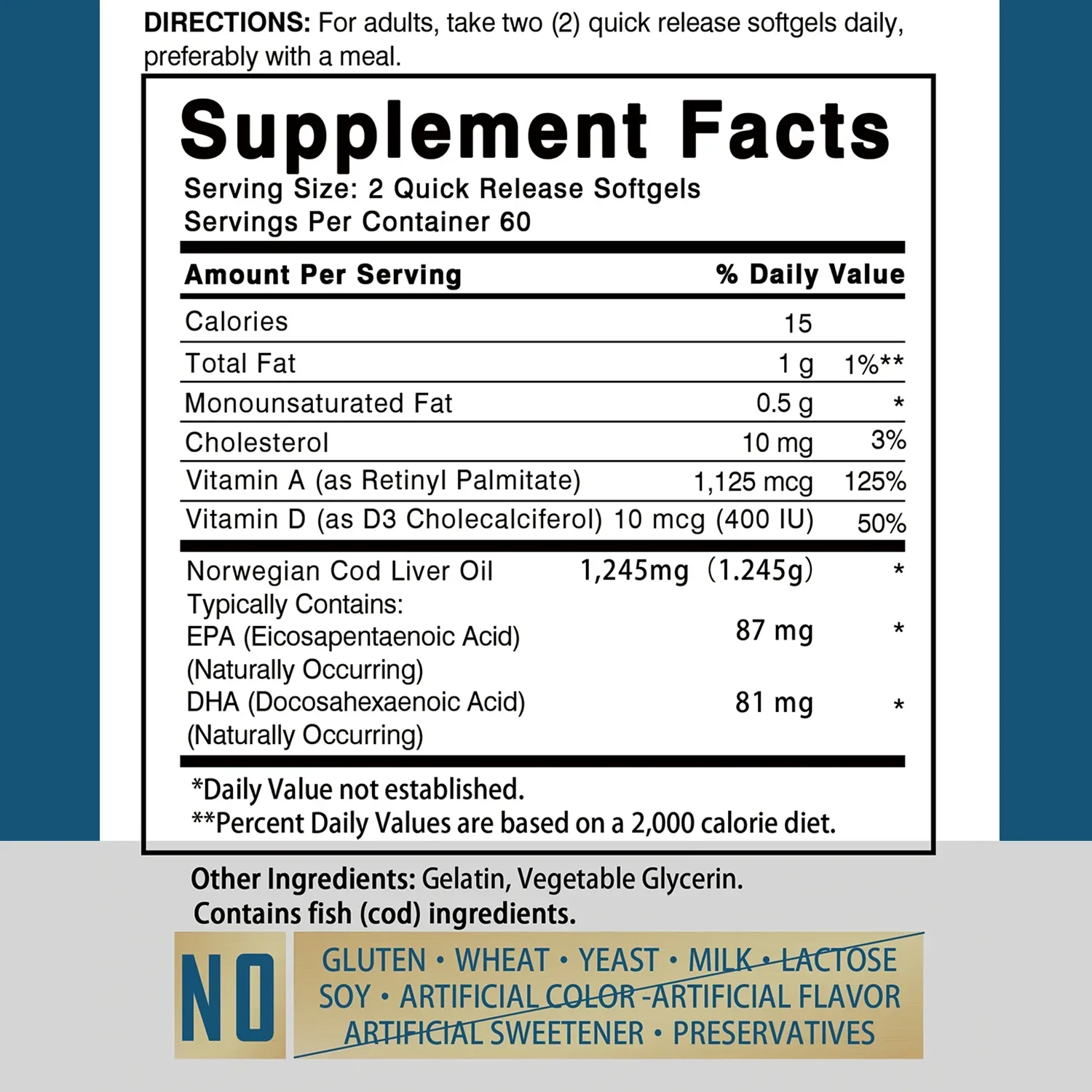 Cod Liver Oil - Eye Support, Skin, Bone, Heart, Eye Health, Antioxidant Supplement, Non-GMO