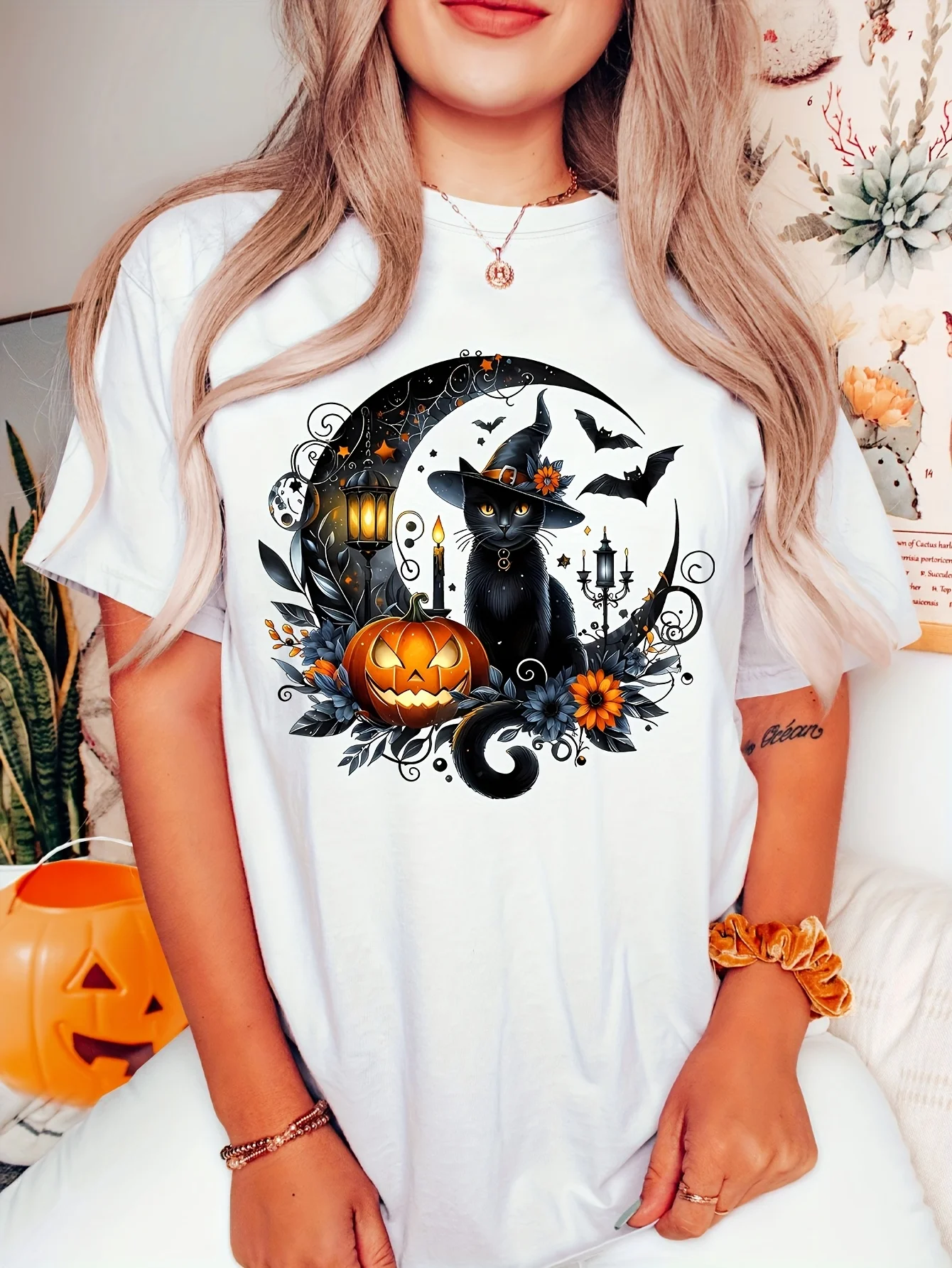 

Women's Halloween T-Shirt Elegant Black Witch Cat Pumpkin Bats Graphic Stretch Round Neck Halloween Party Everyday Fall Outfit