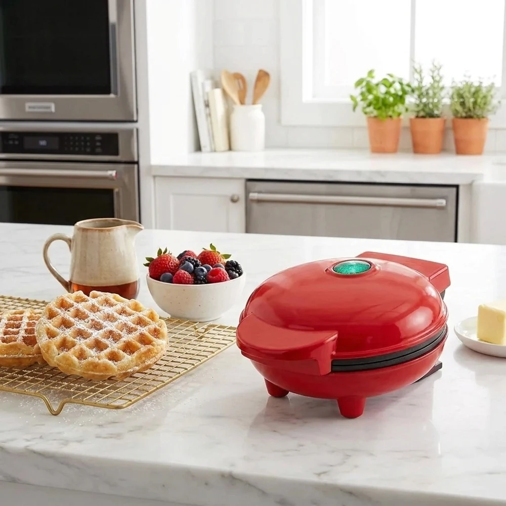 110V Mini Heart-Shaped 2-in-1 Electric Breakfast Appliance Non-Stick Waffle Pancake Maker Compact Portable Fast Heating Countert