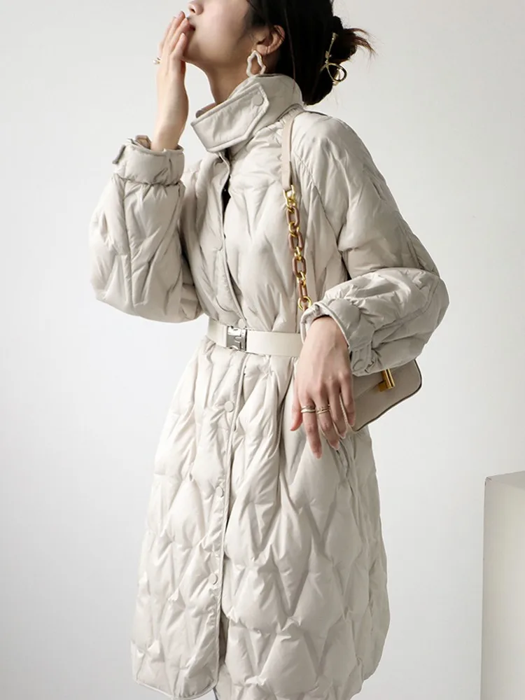 Women Winter Stand Collar Light Weight Long Down Jacket Vintage Loose Fit Belted Overcoat Rhombus Oversized White Duck Down Coat