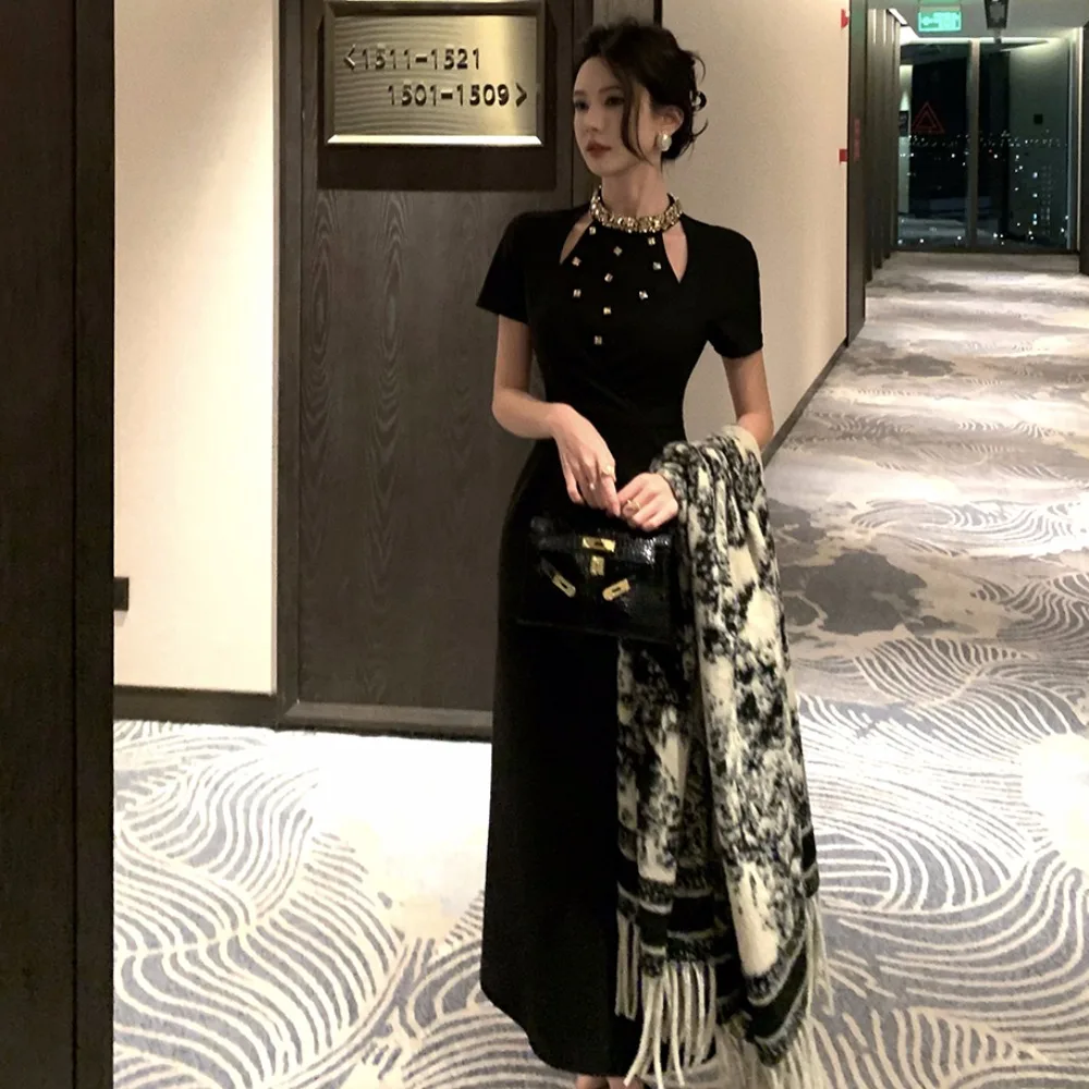 

Элегантное длинное черное платье с высокой талией, украшенное стразами, для женщин, летнее вечернее платье для дня рождения, облегающее, модное