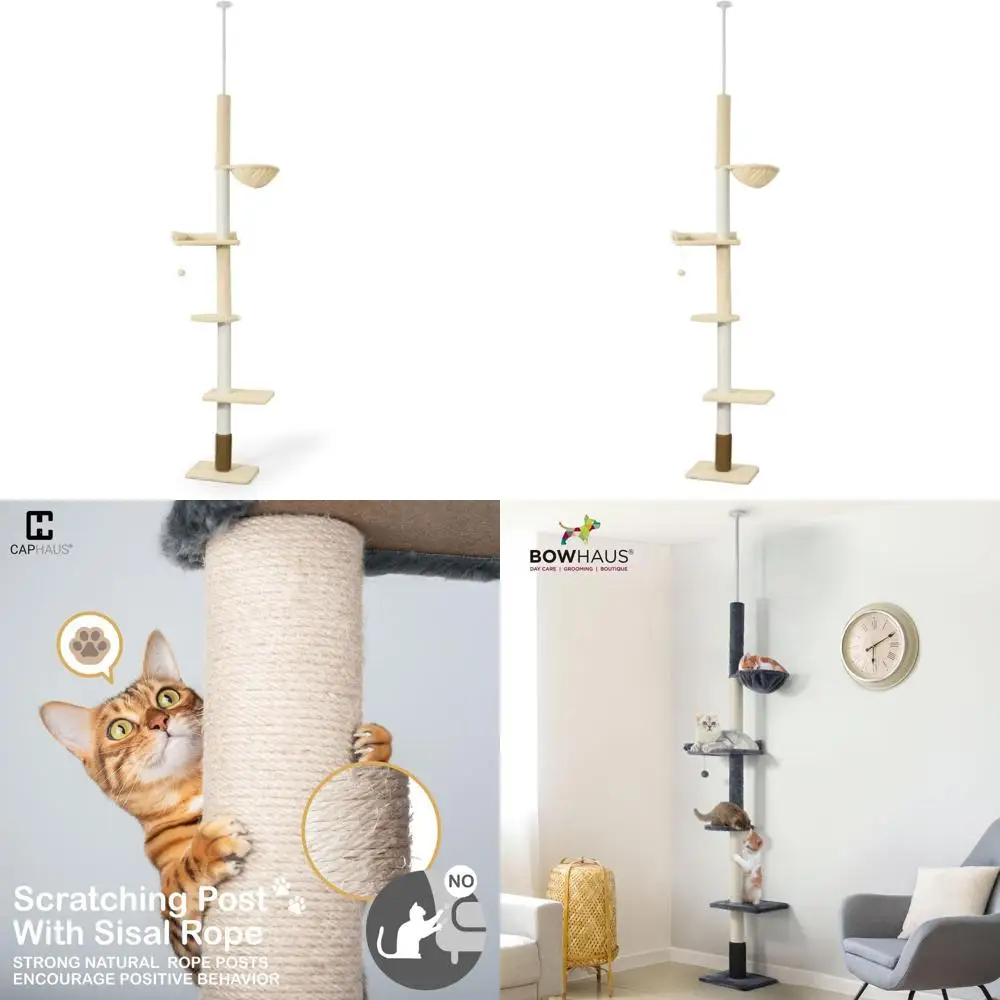 

Регулируемая по высоте многоуровневая кошачья лежанка-башня (104-115 дюймов) с когтеточкой, игрушечным мячом, платформами и гамаком - бежевая