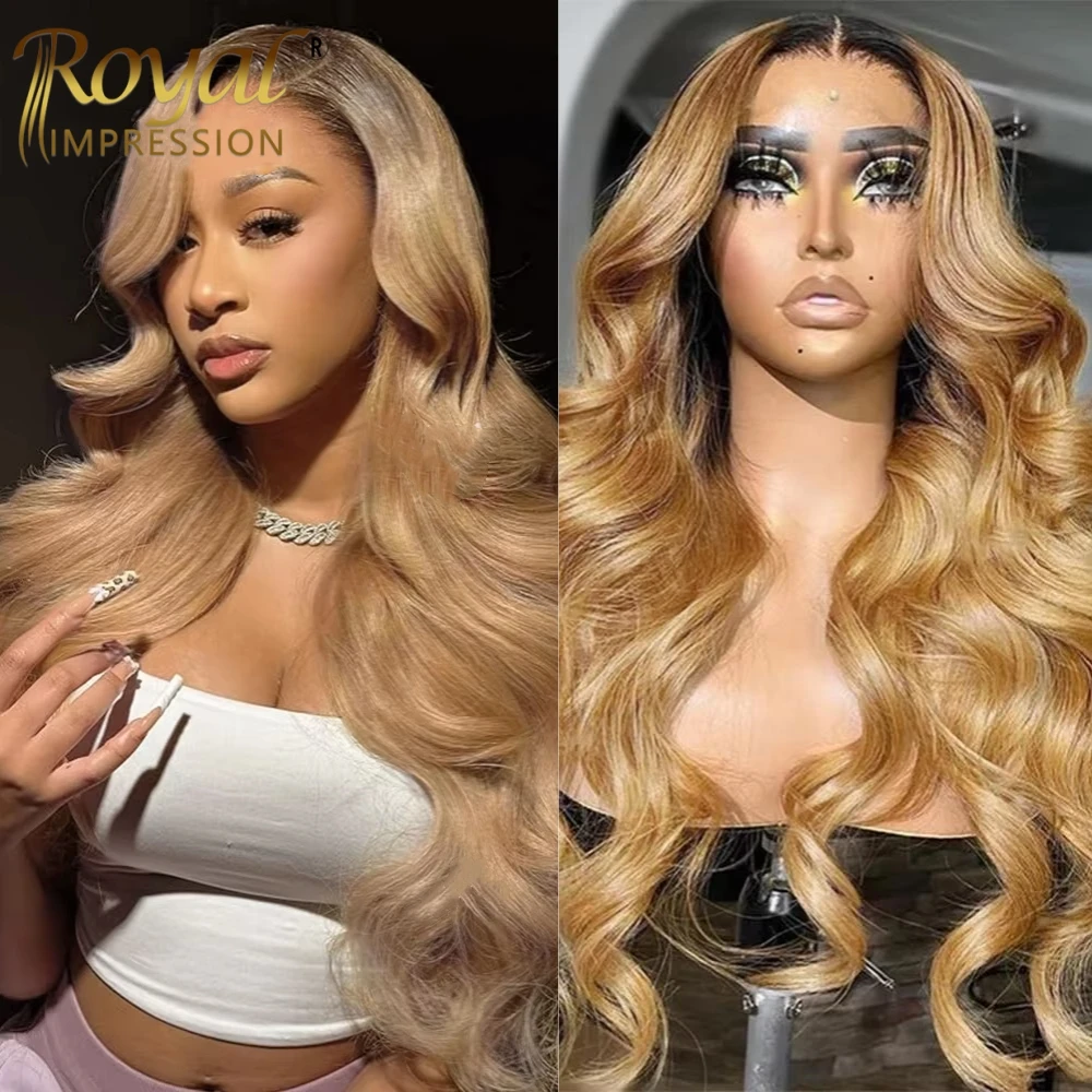 

Honey Blonde 1B/27 4X4 Lace Closure Wig Ombre Colored Body Wave Human Hair Wigs For Women 4x4 HD Transparent Lace Closure Wigs
