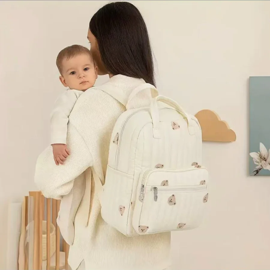 

Large Capacity Mommy Backpack Cute Embroidered Bear Label Portable Mommy Bag Travel Storage Bag