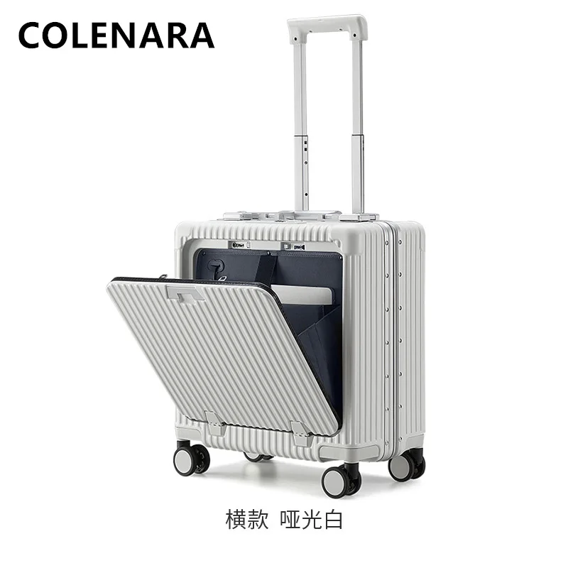 COLENARA ABS+PC Luggage Front Opening Laptop Boarding Case 18 Inch Aluminum Frame Trolley Case USB Charging Carry-on Suitcase