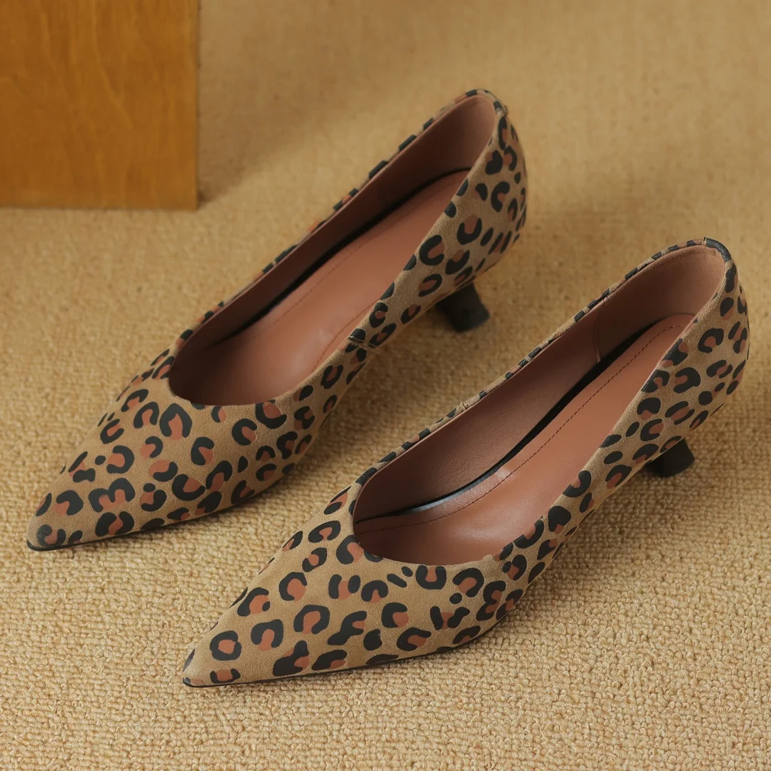 women\'s natural suede leather pointed toe slip-on pumps elegant ladies leopard kitten heel evening dress pumps dress shoes woman