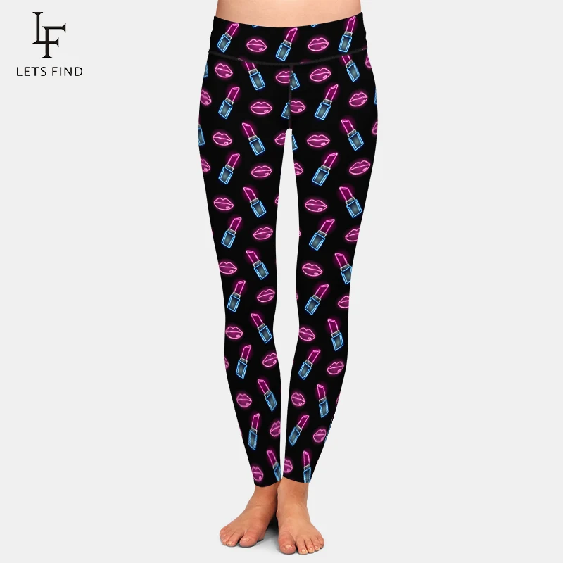 LETSFIND-Leggings con estampado de labios y pintalabios para mujer, Leggings de cintura alta, Fitness, negro