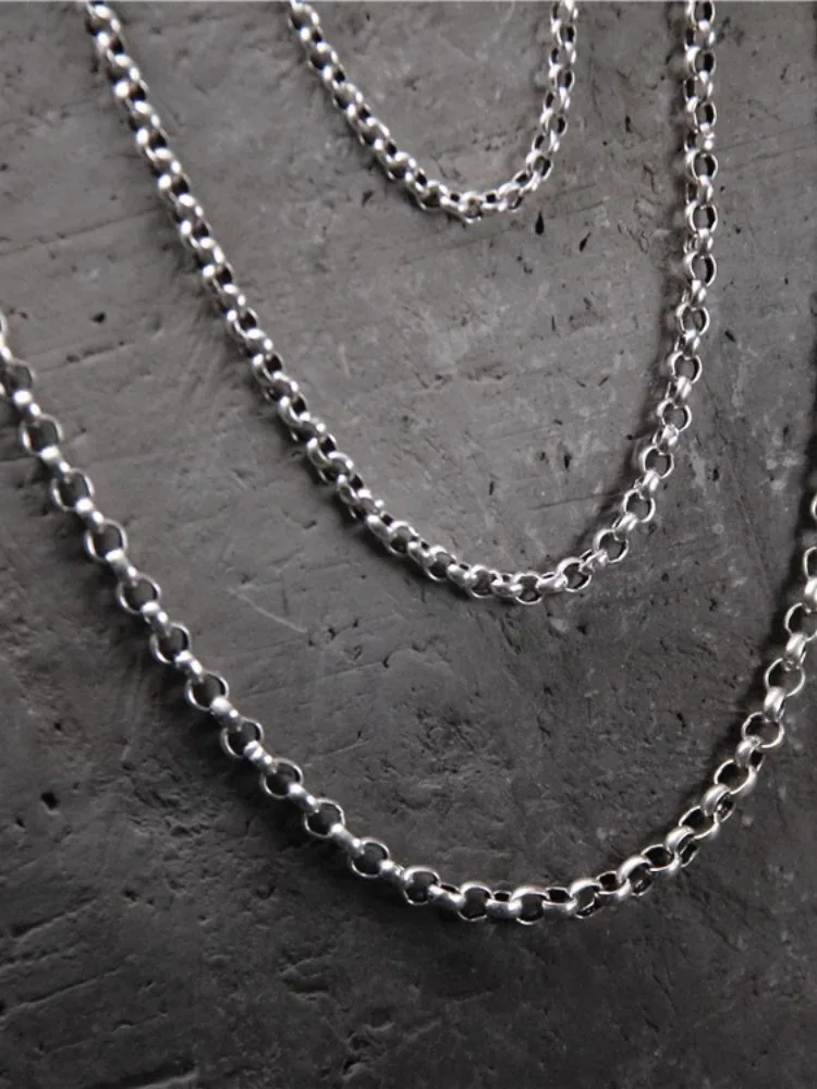 

S925 Sterling Silver Long Sweater Chain Necklace Unisex Vintage Thai Silver Pearl Necklace Classic Style Couple Jewelry
