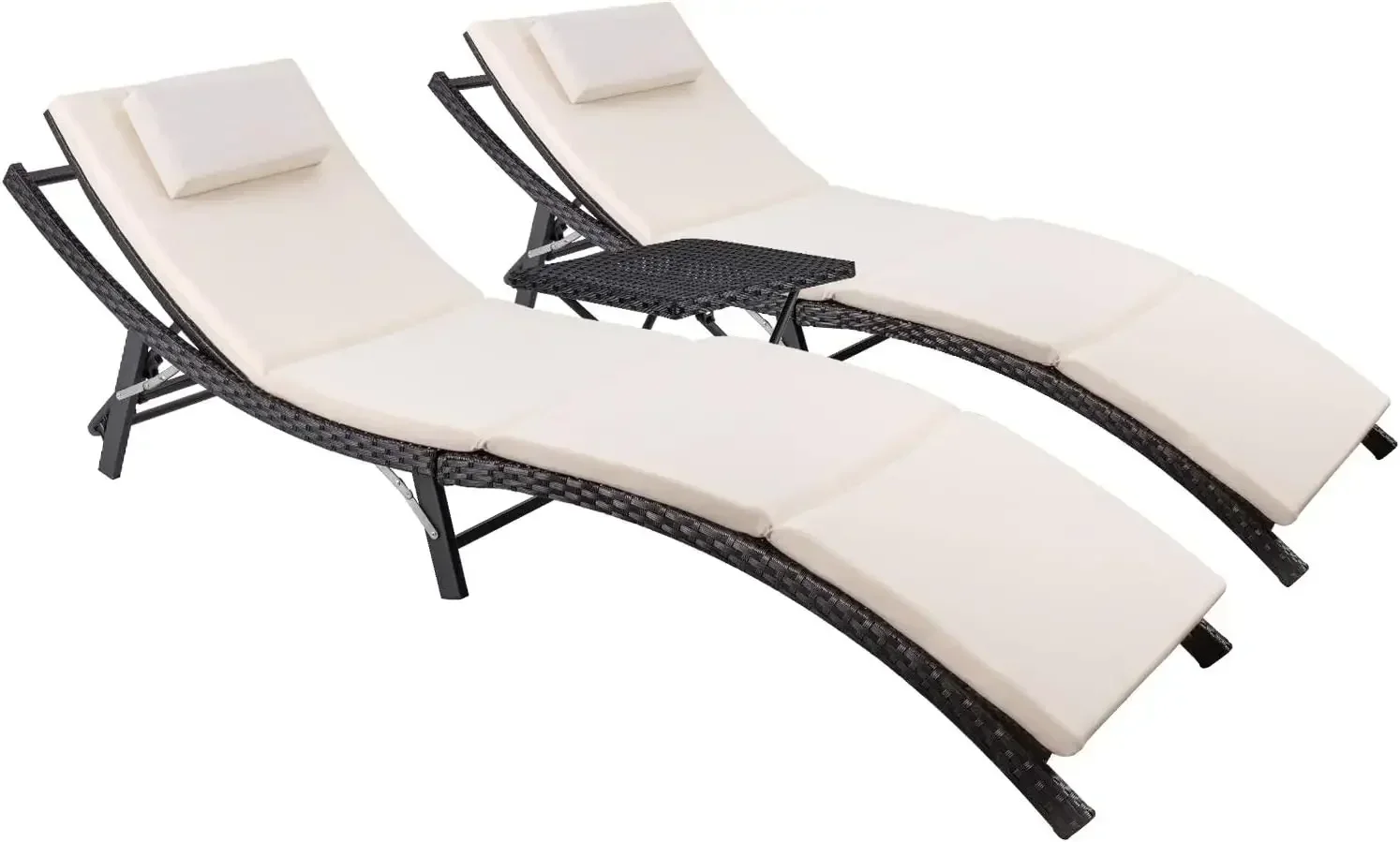 

Patio Chaise Lounge Sets Outdoor Rattan Adjustable Back 3 Pieces Cushioned Folding Chaise Lounge with Folding Table(Beige)