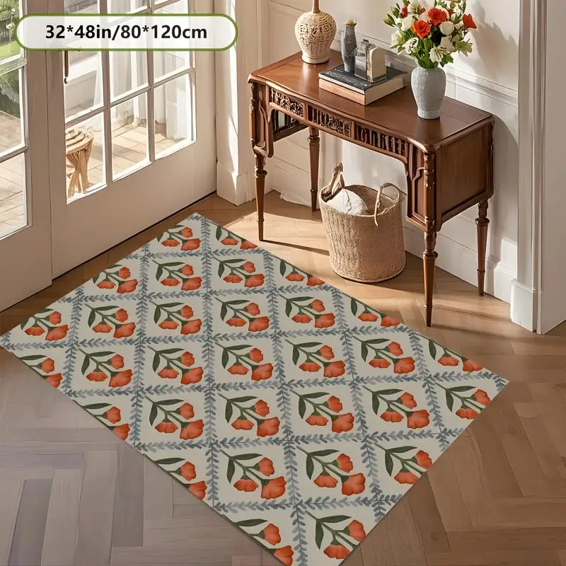 Retro Orange Floral Herringbone Pattern Carpet, Soft Velvet, Living Room, Bedroom, Whole House Decoration