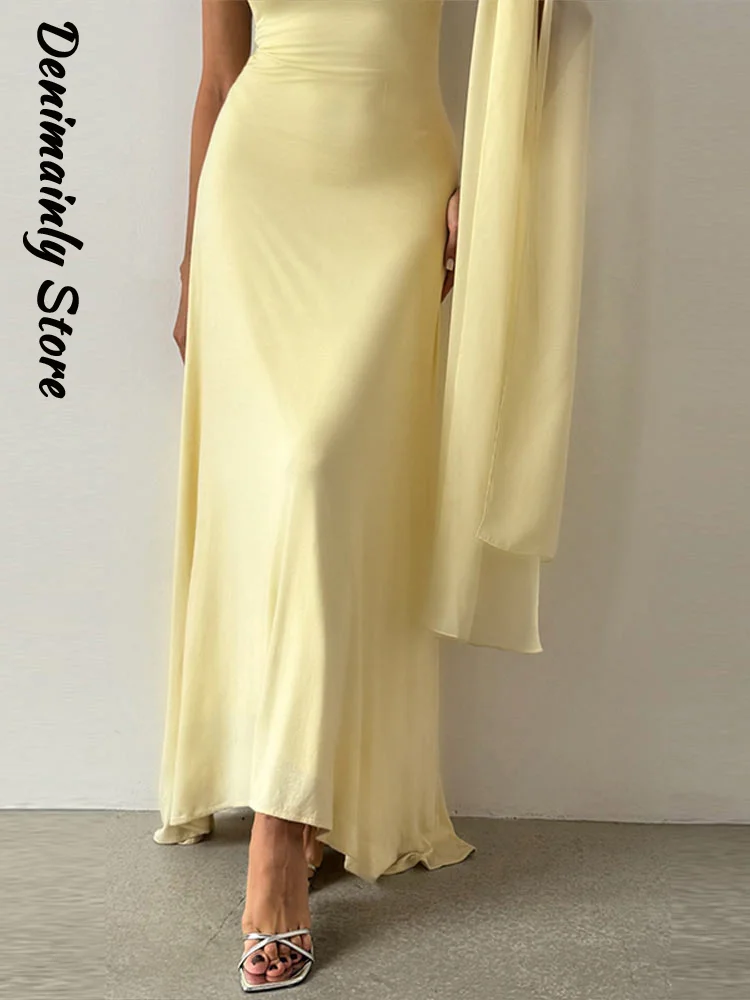 Luz amarela sem mangas maxi vestido feminino 2026 pescoço quadrado malha recorte um ombro cachecol formal festa de noite elegante baile de formatura robe