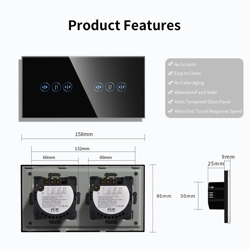 Imagem -03 - Bingoelec Wifi Interruptores de Toque Cortina Luz Interruptor 157 mm Cristal Classe Painel Interruptor Trabalho com Vida Inteligente Tuya App