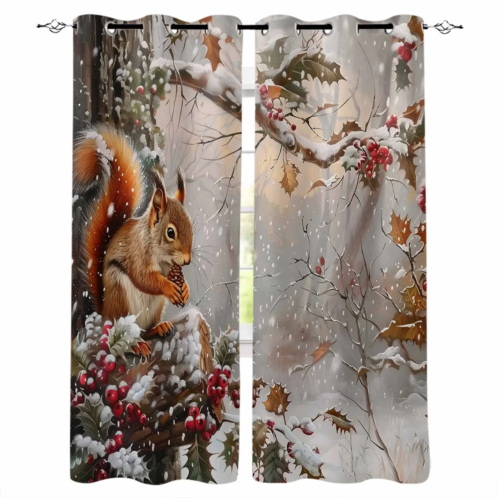 Christmas Squirrel Snowflake Pine Tree Curtains For Living Room Kids Bedroom Window Curtain Hall Drape Long Cortinas