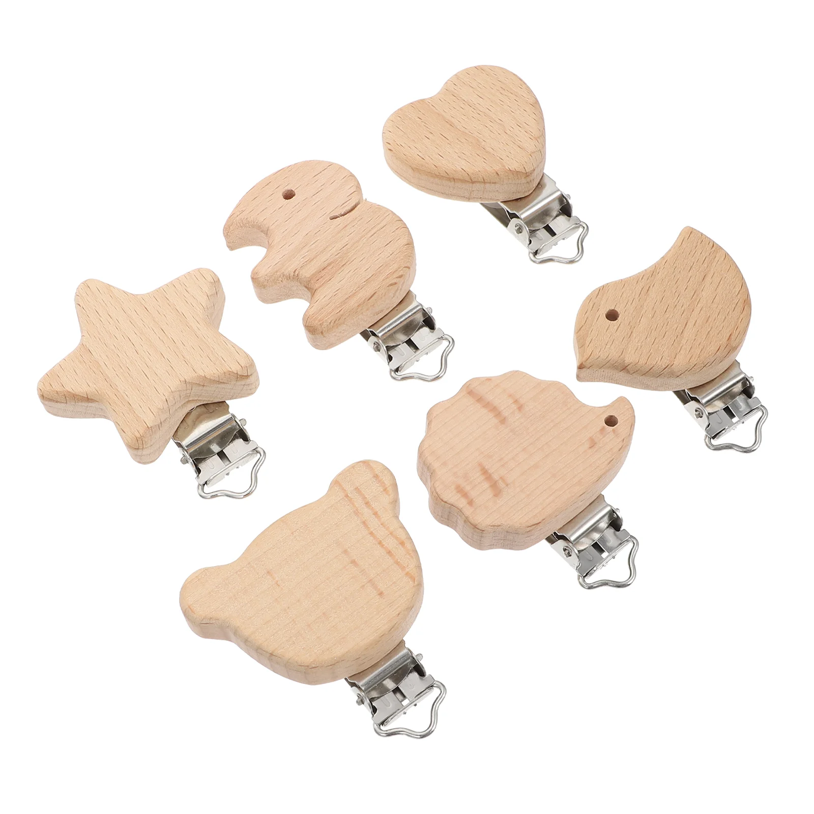 6 Pcs Animal Pacifier Clip Chain Accessories Wooden for Teethers Holder Stainless Steel Beech