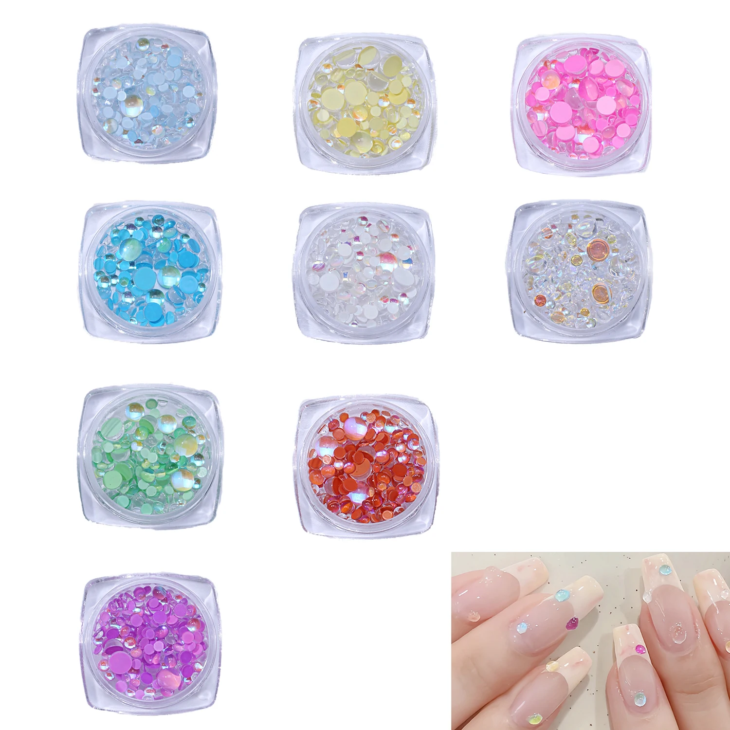 9 Colors Mermaid Nails Rhinestones 3D Mixed Size Candy Color Round Glass Crystal Beads Aurora Nails Diamond DIY Ornaments