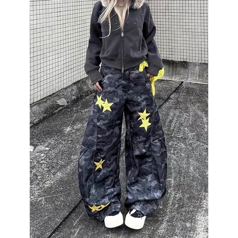 

Женские камуфляжные джинсы, брюки в стиле Харадзюку, мешковатые широкие брюки 2000-х годов Y2k, винтажные японские брюки со звездами 2000-х годов, одежда