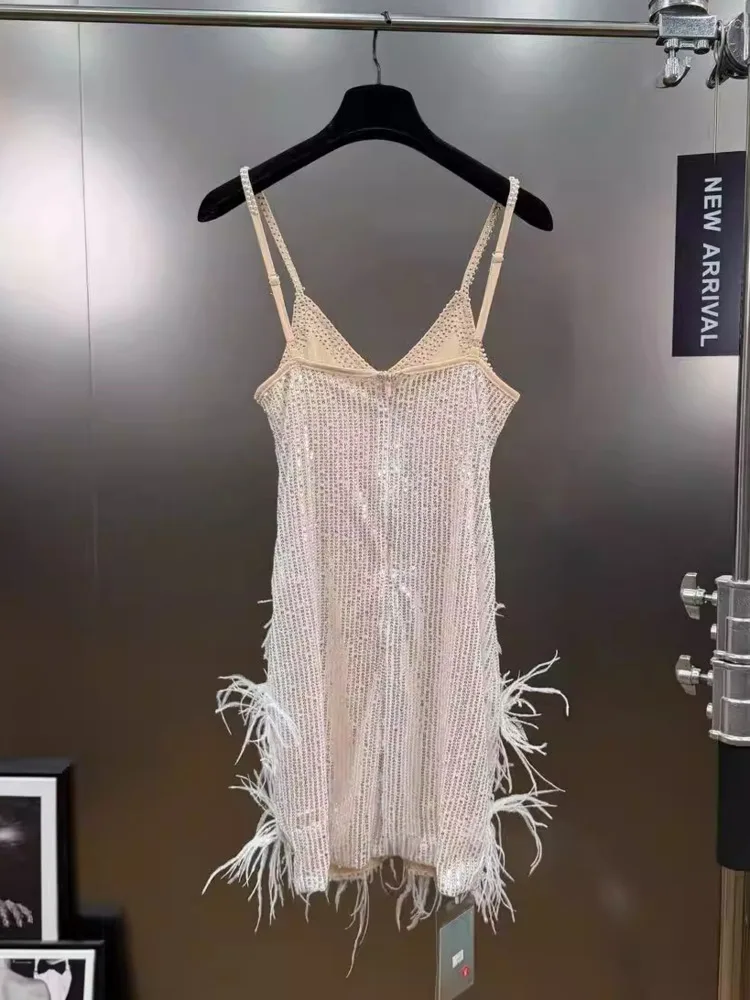 DFDG Women's Spring White Sequin Feather Cami Dress Sleeveless V-Neck Dress Elegant Party Clubwear 2025 Trendy Feminine Dress