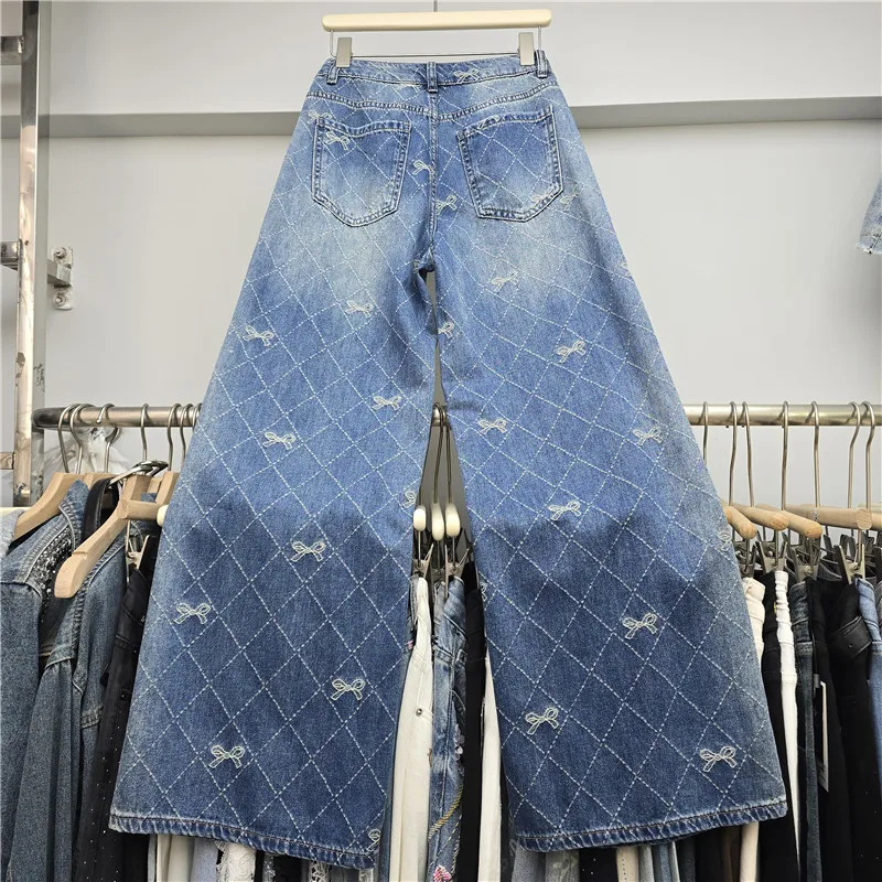 2026 New Autumn Fashionable Women Denim Pants All-match Hot Diamonds Bow Straight Jeans High Waist Wide Leg Casual Pants Mujer