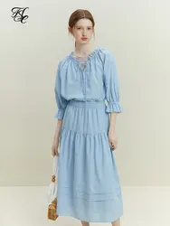 FSLE French Blue Women Shirt Skirt Set 2023 Summer Cropped Sleeve Women V-neck Top Elastic Waist Casual Blue Skirts For Women