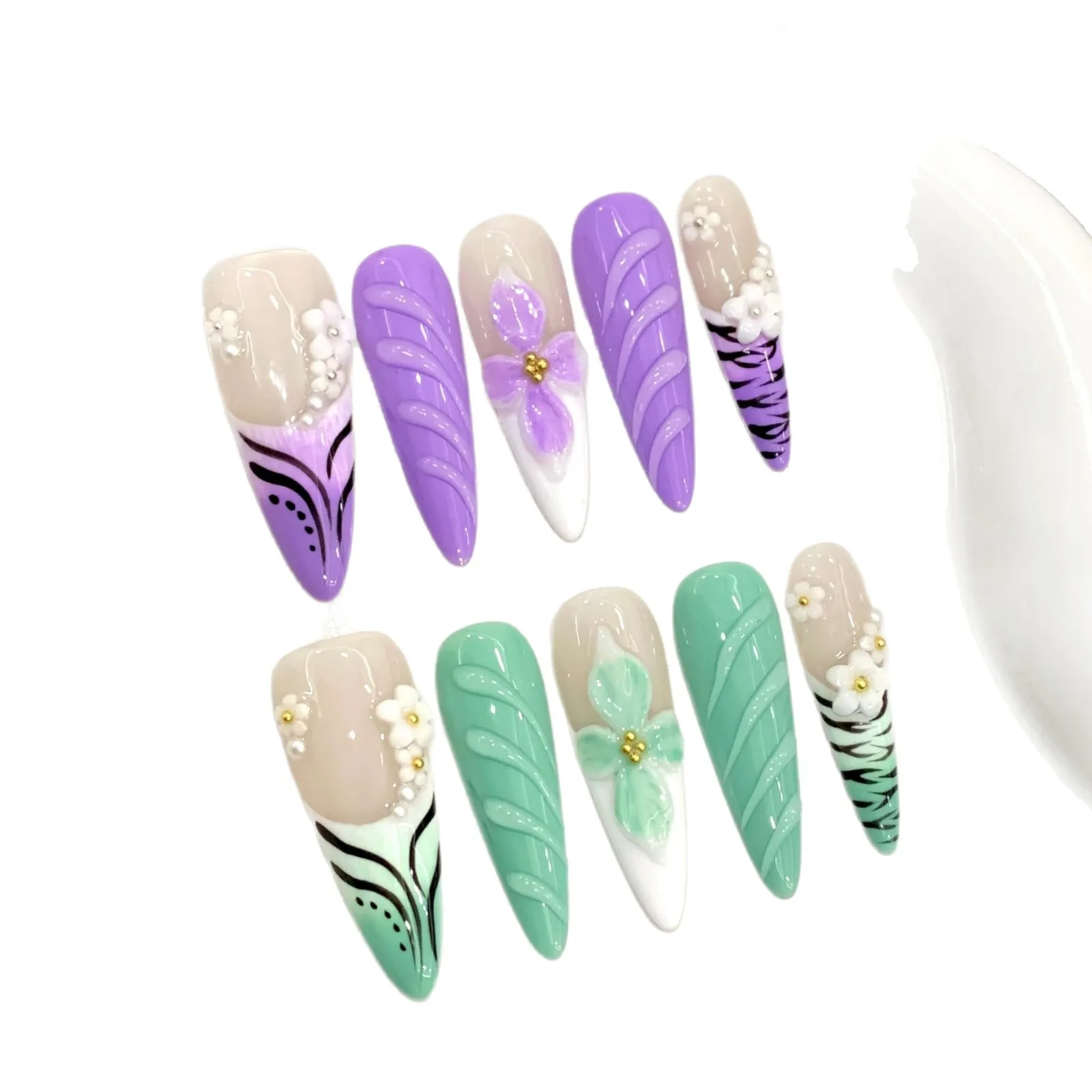 Spicy Girl – faux ongles français longs et amovibles, faits à la main, fleurs 3D, violet, vert, dégradé d'amande
