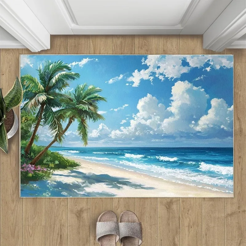 Strand-Fußmatte im Urlaubsstil, Palmen, Ozeanwellen, weiße Wolken, bedruckt, Urlaubsthema, Heimdekoration, Eingangsbereich, Teppich für Wohnzimmer