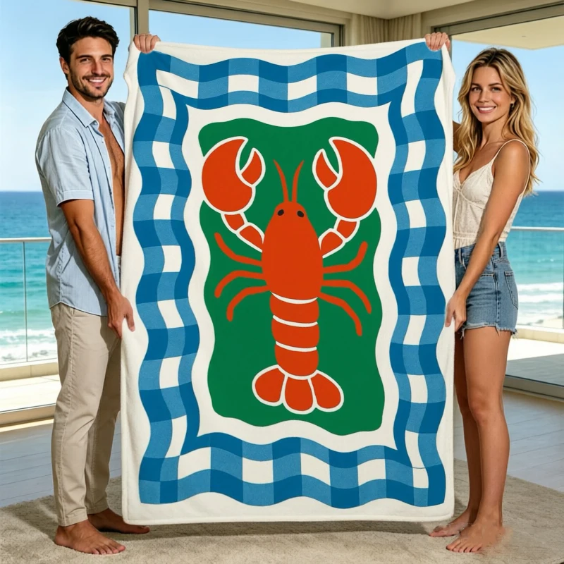 Lobster Graphic Flannel Blanket For Coastal Bedroom Decor Soft Warm Throw Blanket Gift