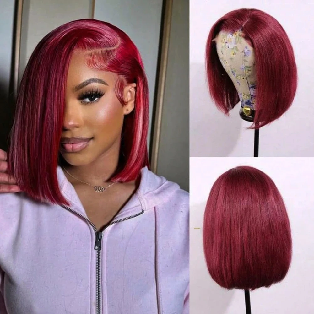 مزدوج تعادل 300% الكثافة مستقيم بوب الباروكات شعر الإنسان بورجوندي 99J الملونة 13x4 الدانتيل الباروكات الأمامية 2X6 5X5 خصلات الشعر المستعار الإنسان #1