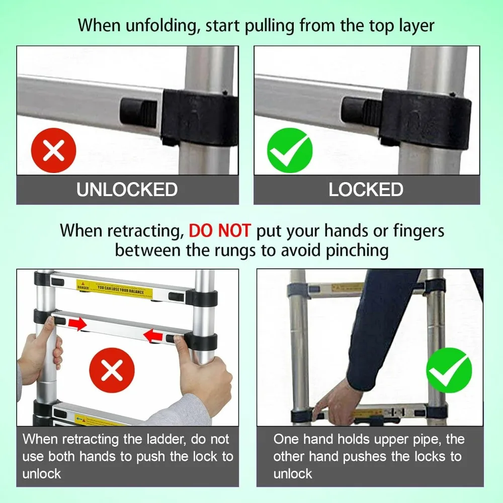 سلم تمديد تصغير من الألومنيوم 12.5 قدم 3.8 متر 2 في 1 قابل للطي على شكل حرف A أو مستقيم مع شريط تثبيت لتعزيز السلامة #5