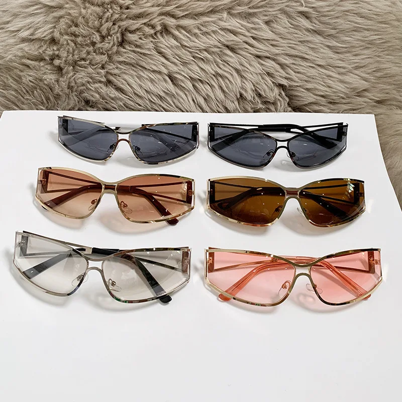 Y2K Futuristic Narrow Frame Sunglasses Hollow Metal Steampunk Unisex Streetwear Cycling UV400 Retro 2000s Designer Sun Shades