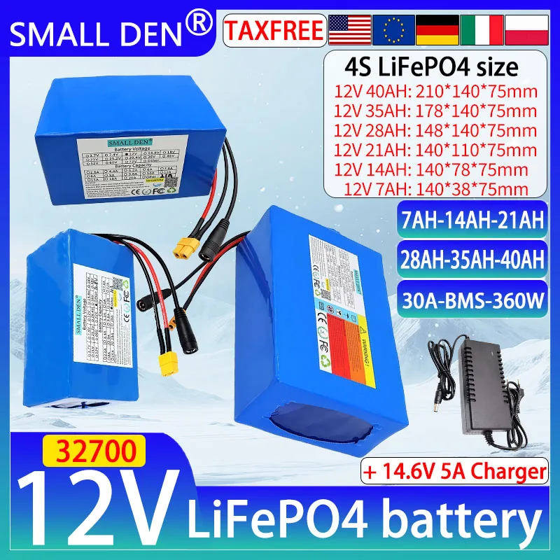 

New 12V 40Ah 35Ah 28Ah 21Ah 14Ah 7Ah 32700 Lifepo4 battery Pack Built-in BMS For 12.8V Power Supply Toy Cars +14.6V 5A Charger