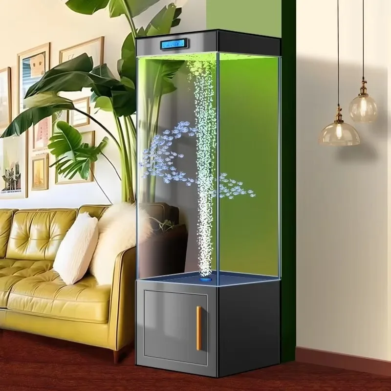 Ultra-white glass high column aquarium with top filter, hidden oxygen, smart display and LED suitable for living room use