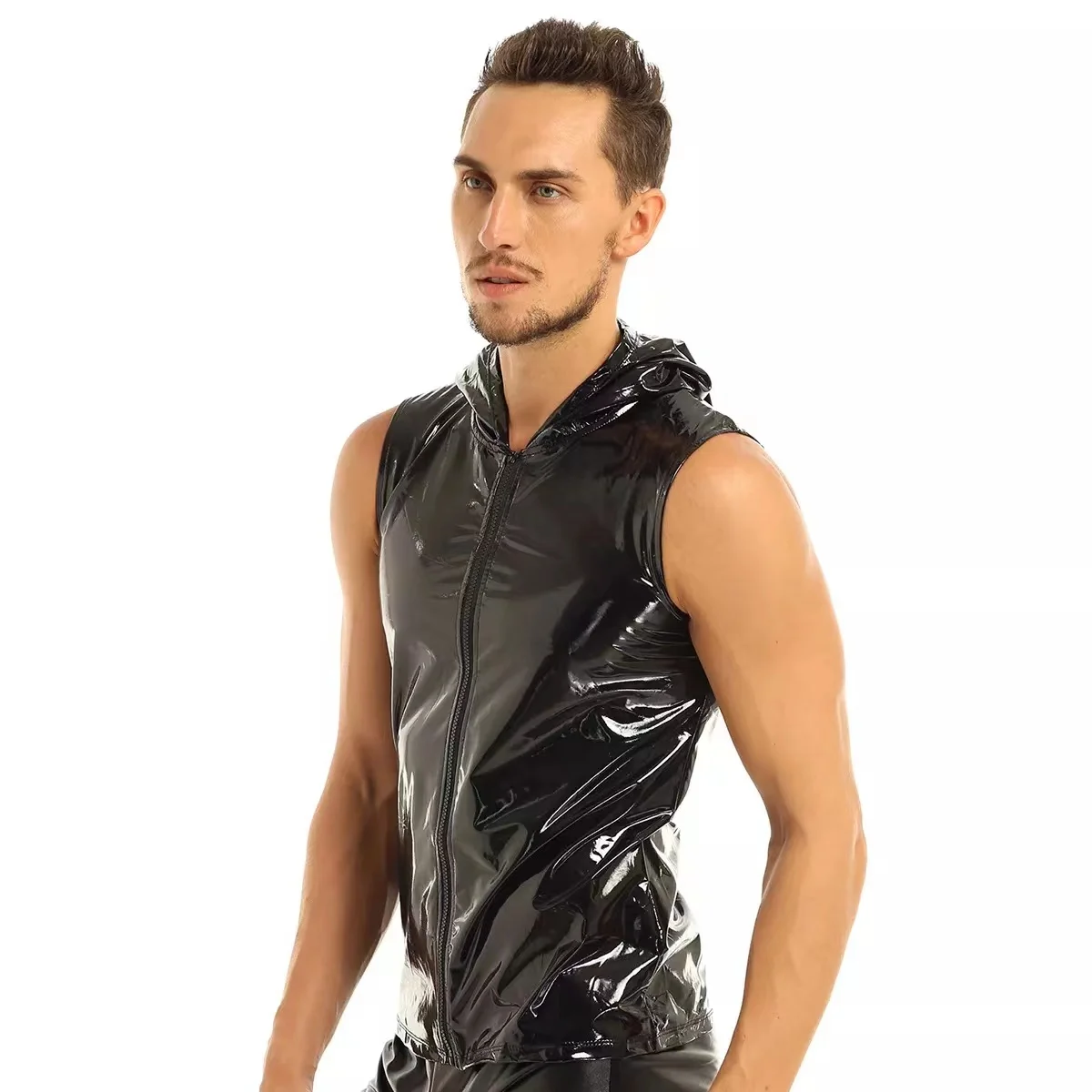 S-7XL Grote Maat Heren Glanzend Pvc-Lederen Hoodies Shirts Mouwloos Wetlook Latex Tanktops Met Capuchon Leren Vest T-Shirt Met Volledige Rits