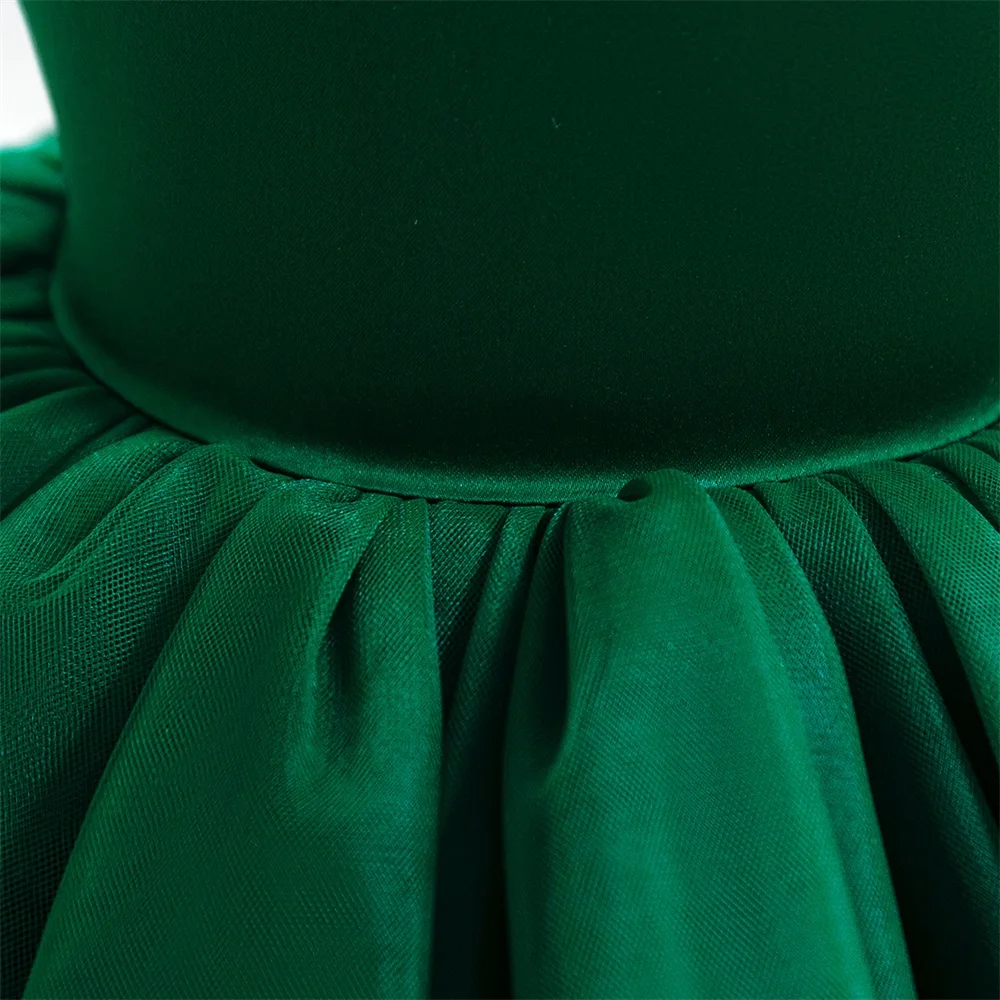 Girl Green Beading Party Princess Dress Kids Sleeveless Tutu Gown Girl Bow Birthday Baptism Pleated Dresses Summer Holiday Wear